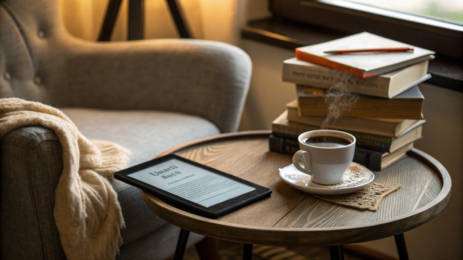 A cozy reading nook with a Kindle and a warm cup of tea