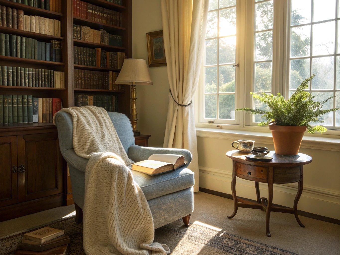 A sunlit reading nook with a stack of classic novels and a warm cup of tea