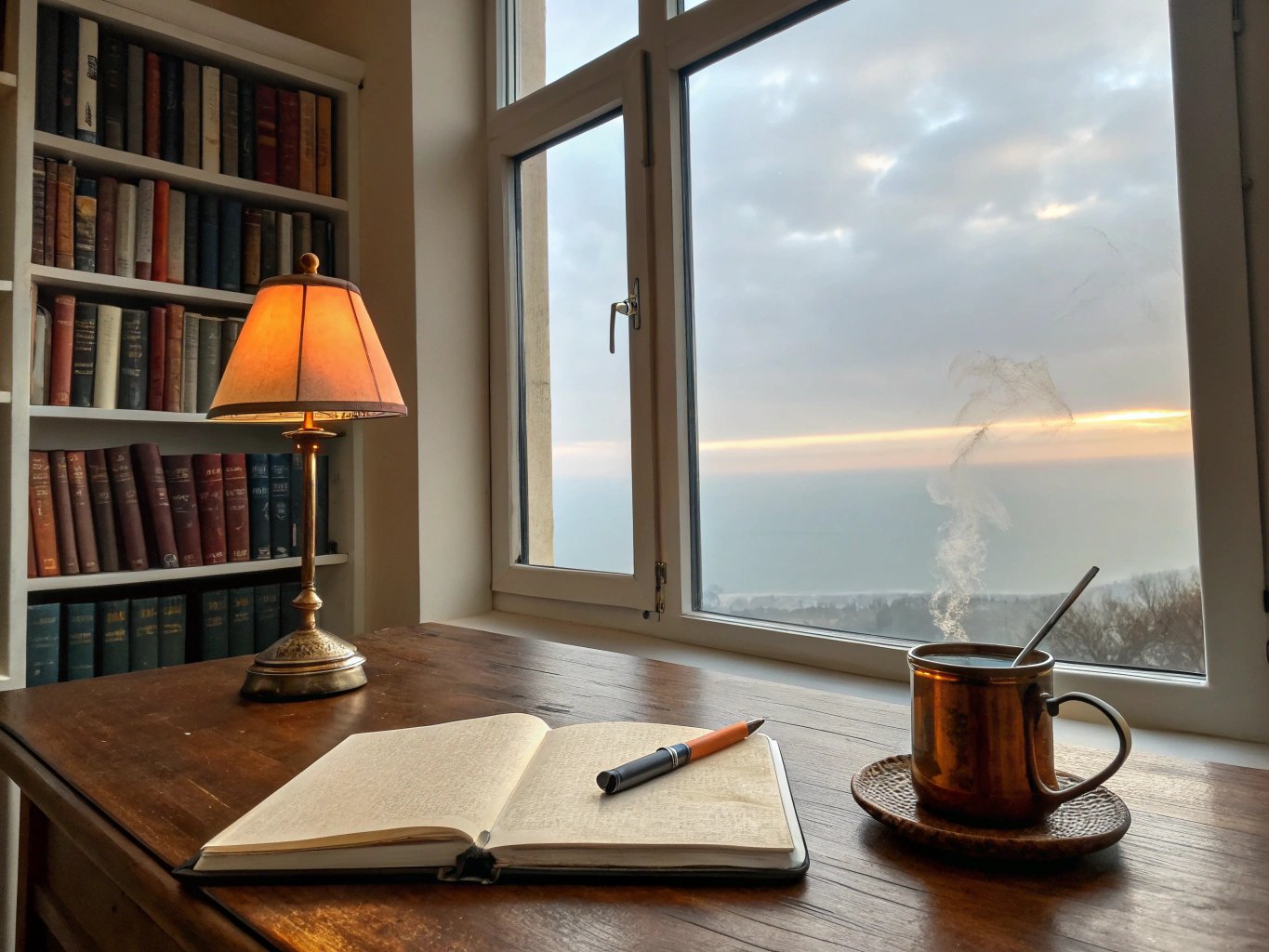 Flat-lay arrangement of reading essentials on a cozy desk — journal, bookmarks, reading light, books, tea, pens, tote bag, and a comfortable reading nook