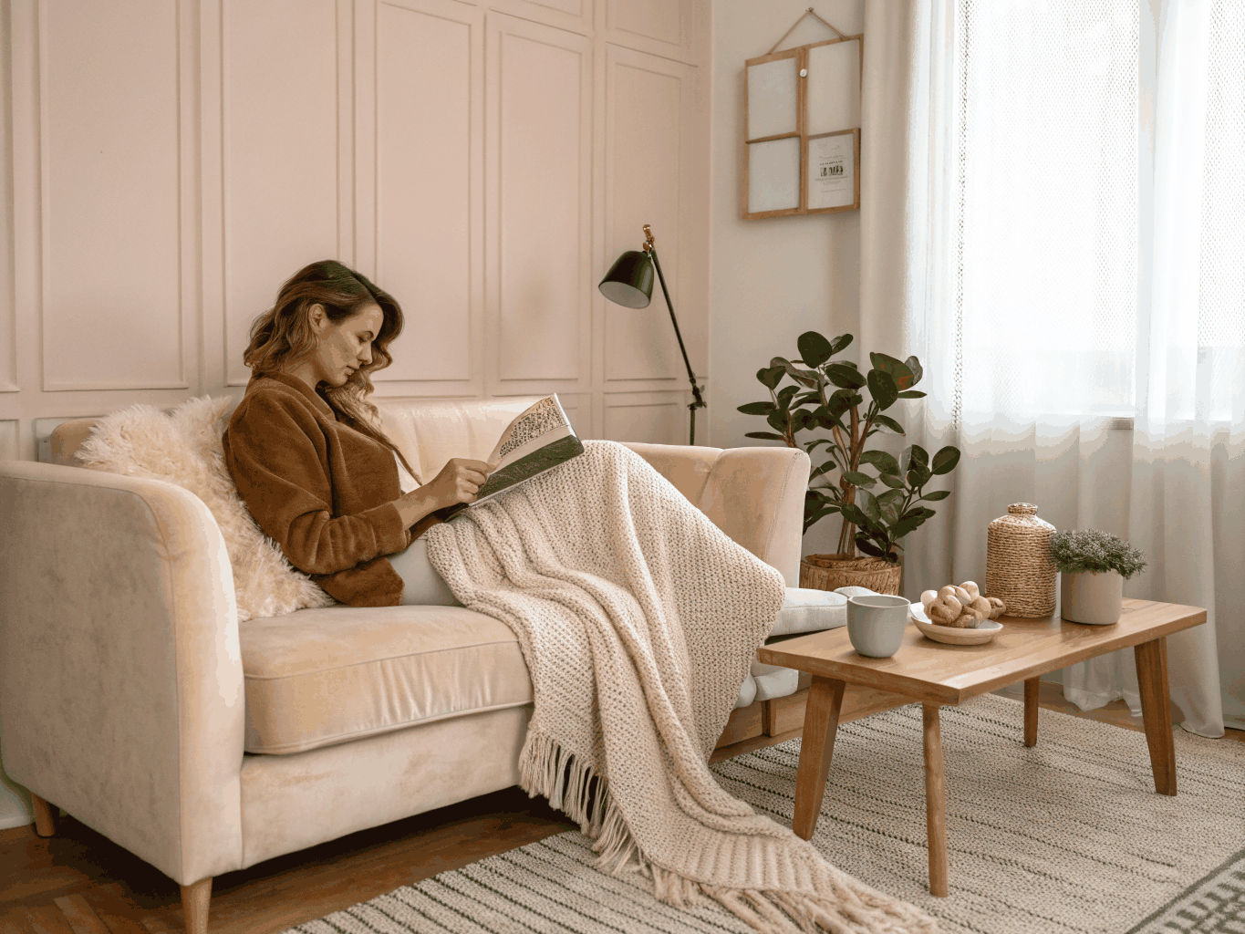 A woman lost in a book by a soft-lit window